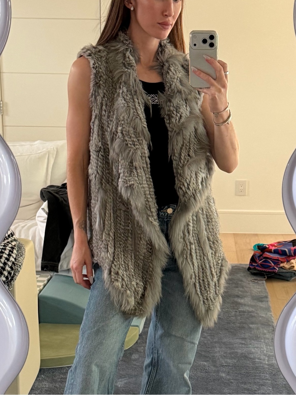 Neiman Marcus Gray Rabbit Fur Draped Vest